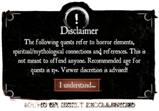 The disclaimer warning for the Lana Lorr Quests after joining the servers.