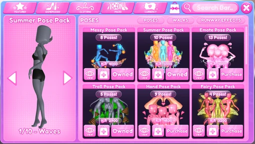 The Pose Packs section in the Shop, during the Runway Chaos update.